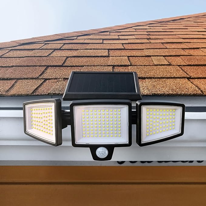 Insert Solar Lights AMS1971 1000 Lumens Motion-Activated Triple-Head Solar-Powered Security Light with Tool-Free Gutter Mount Bracket (Black)