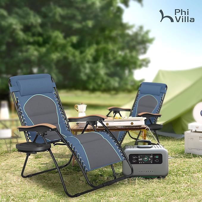 PHI VILLA XXL Oversized Padded Zero Gravity Chair Set of 2 Foldable Patio Recliner 30 Wide Seat Anti Gravity Lounger with Armrest and Cup Holder Support 400 LBS (Blue Accents)