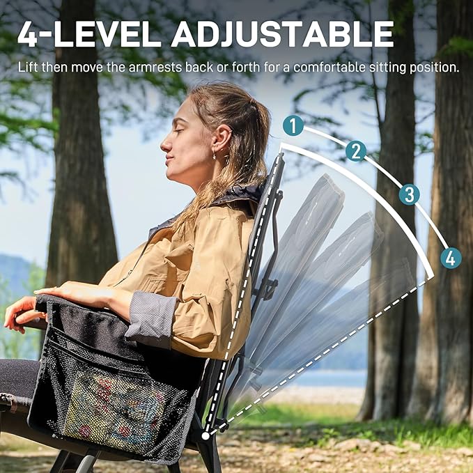 EVER ADVANCED Reclining Camping Chairs for Adult Lightweight Folding Recliner Chair with Adjustable Back 4-Level Lounge Chairs Portable Lawn Chairs for Patio Balcony Supports 350lbs Black