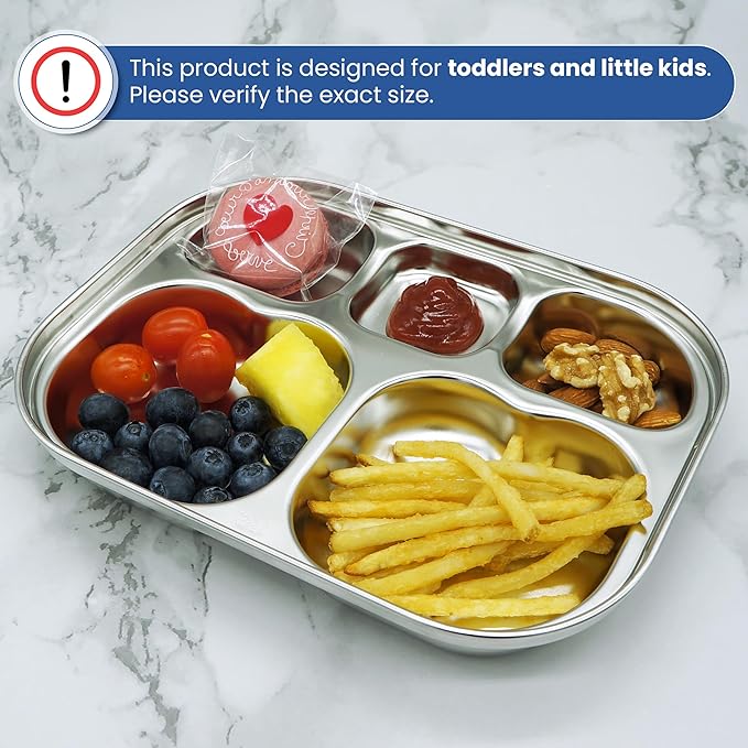 Korean Stainless Steel Divided Plates for Toddlers Kids Babies Premium 304 Electro-Polished No Black Residue BPA-Free 5-Compartment Food Tray Camping Picky Eaters Set of 2
