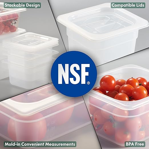 CURTA 6-Pack 1/6 Size 6 Deep Food Pan with Sealing Lid – NSF Commercial-Grade Translucent Polypropylene Stackable Freezer-Safe Storage for Restaurants Catering &amp Buffets