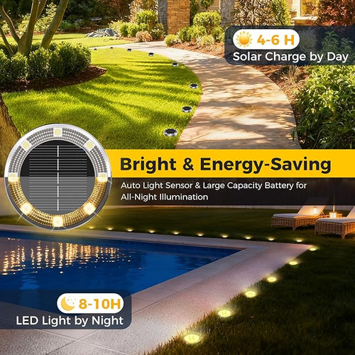16 Pack Solar Ground Lights Outdoor 8 LED Mini Flat Solar Disk Lights IP65 Waterproof Anti-Rust Disc Light Landscape Lighting for Garden Pathway Yard Walkway Driveway LawnWarm White