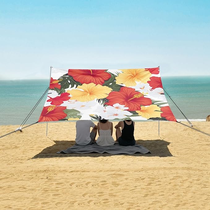 Yellow Red Hibiscus Beach Tent Sun Shelter 9.2' x 10.5' Beach Canopy with 4 Sandbags 4 Stability Poles Sand Shovels - Tent Canopy for Beach Camping Fishing Picnics