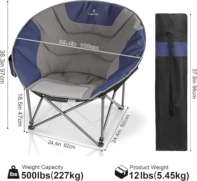 Oversized Camping Moon ChairsFolding Round Padded Sofa Chair for AdultsOutdoor Lawn Chairs w/Side PocketPerfect for IndoorFamily CampingPicnics and GardenBlue&ampGrey