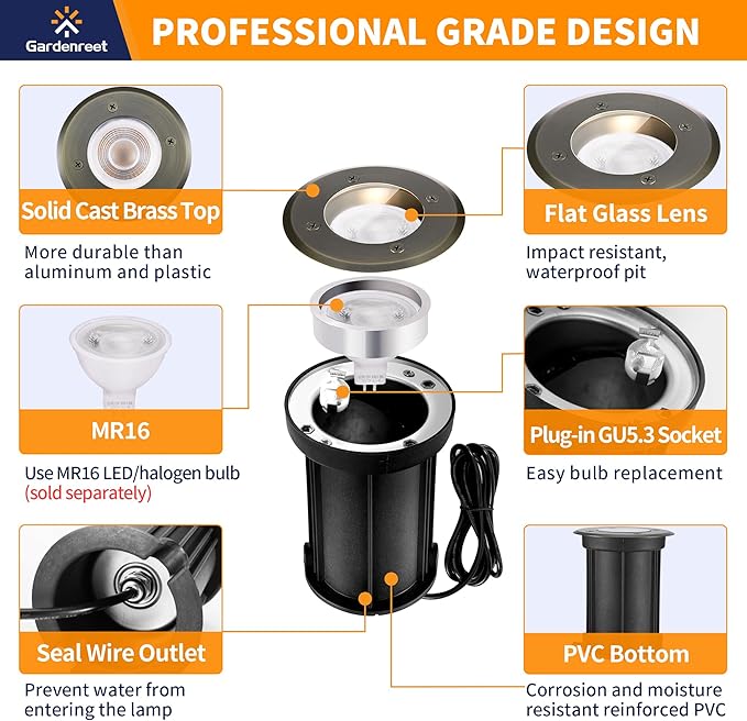 Gardenreet Low Voltage Well Light - Brass All Weather Ip65 Hardwired In-Ground LED Lighting 12V Directional Fixture Antique Bronze for Floor Pathway Tree Without MR16 Bulb