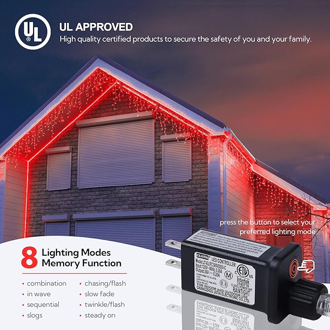 Hopolon 33FT 360L LED Icicle String Lights - Outdoor Waterproof 8 Modes With 60 Drops - Curtain Lights for Indoor/Outdoor Decorations (Red)