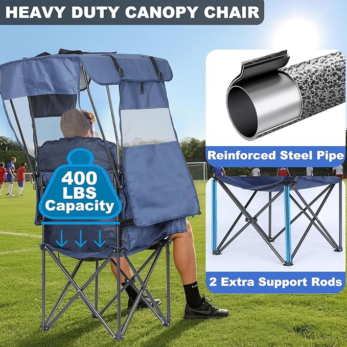 Camping Chair with Canopy Beach Chair with Canopy Shade Oversized Folding Canopy Chair for Camping Beach Picnics Fishing Sports - High Back Padded Headrest Cup Holder Pocket - Support 400 LBS