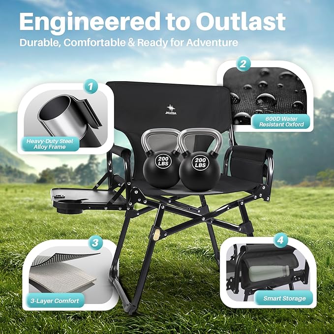 Heavy-Duty Camping Director’s Chair with Side Table 400lb Capacity 600D Oxford Quick Setup Smart Storage &amp Ergonomic Comfort Durable Steel Frame for Camping BBQs &amp Sports Events Black