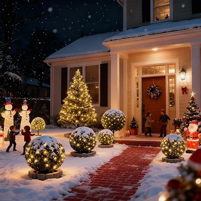 6Ftx4Ft LED Christmas Net Lights Green WireConnectable UL Certified Waterptoof Net Lights for Bushes Trees Shurb Garden Outdoor Christmas Decorations (Warm White)