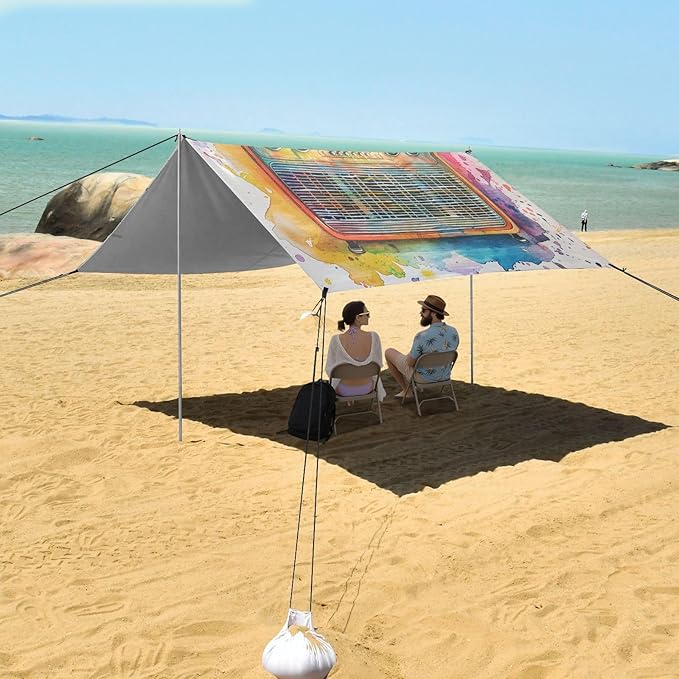 ALAZA Music Note Rainbow Radio Beach Tent Sun Shelter UPF50+ Protection Beach Shade Canopy w/ 4 Sandbags for Outdoor Camping Fishing Backyard Fun Picnic 10x9 ft