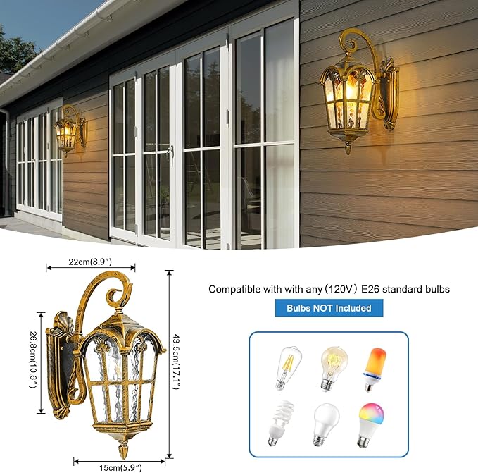 17.1 H Gold Outdoor Wall Lights - Waterproof &amp Anti-Rust Aluminum Porch Light Wall Mount Hammered Exterior Lighting Fixtures Outside Wall Lantern for Patio Doorway Garden 2 Pack