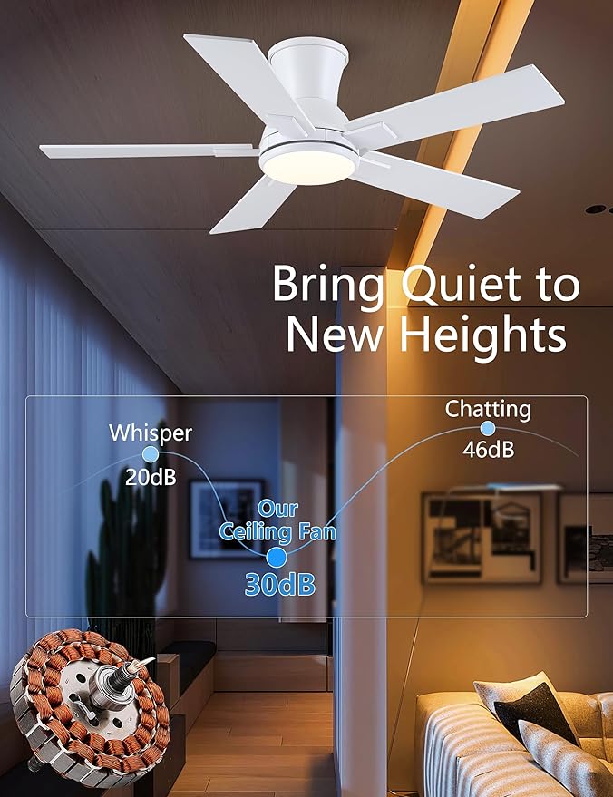 Modern Ceiling Fans with Lights - 42 Low Profile Ceiling Fan with Light and Remote Flush Mount Reversible DC Motor 6-Speed Quiet LED Dimmable for Bedroom Indoor and Outdoor Patios White