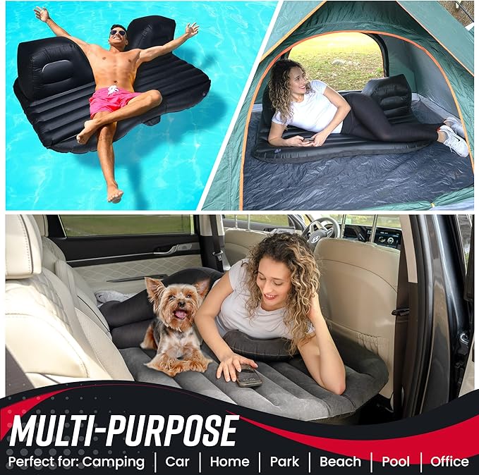 VaygWay Inflatable Car Air Mattress – Air Bed w/Pump Kit –Back Seat – Camping Vacation Blow up Bed Cushion - Sleeping Pad w/ 2 Pillows (Inflatable Car Mattress Neck Pillow Ear Plugs Eye Shields)