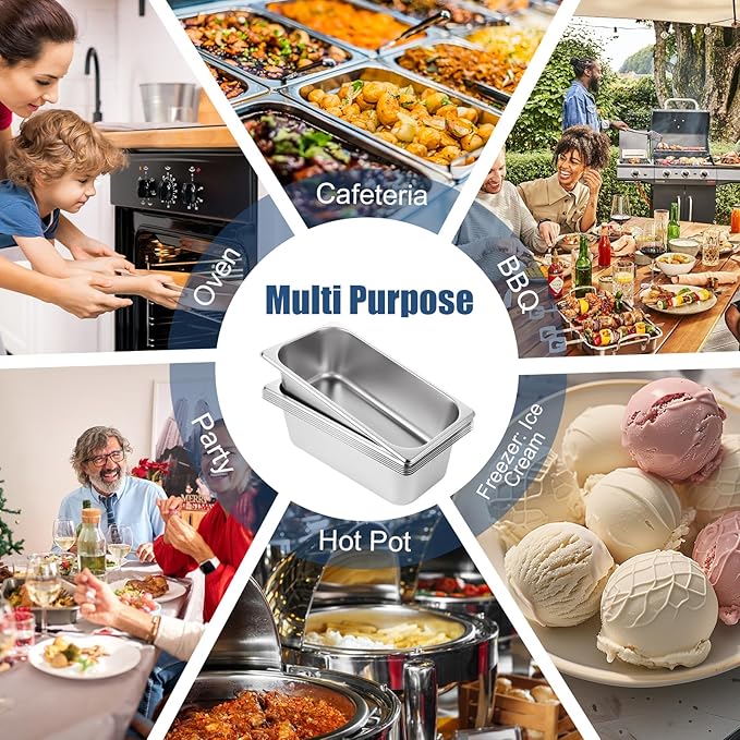 6PCS Hotel Pans Stainless Steel Steam Table Pan 1/3 Size 4 Inch Deep Steam Pan Catering Storage Metal Food Catering Tray for Hotel Restaurant Buffet Party