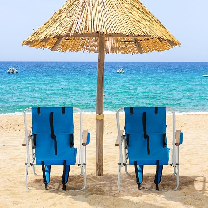 Bonnlo Backpack Carry Chair Set of 2 w/Cup Holder Portable Foldable 4-Position Reclining Heavy-Duty Camping Chair Supports 265 lbs (120 kg) for Beach Lawn Concert Fishing (Blue)
