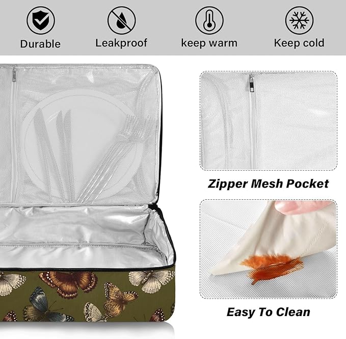 Casserole Carrier Green ButterfliesInsulated Casserole Carrier for Hot or Cold Food Thermal Lunch Tote for Potluck Parties Picnic Beach Fits 9 x 13 Inches Baking Dish