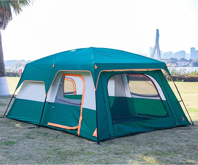 KTT Extra Large Tent 10-12-14 Person(A)Family Cabin Tents2 Rooms3 Doors and 3 Windows with MeshStraight WallWaterproofDouble LayerBig Tent for OutdoorPicnicCampingFamily Gathering