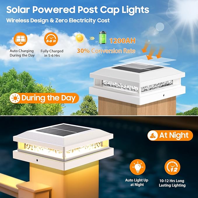 Bosceos Solar Post Lights 8-Pack 2 Color Modes 16LEDs Outdoor Decorative Post Cap Lights Waterproof Solar-Powered Fence Posts Light Fit 4x4 5x5 Vinyl/Wooden Posts in Garden Yard Porch Deck White