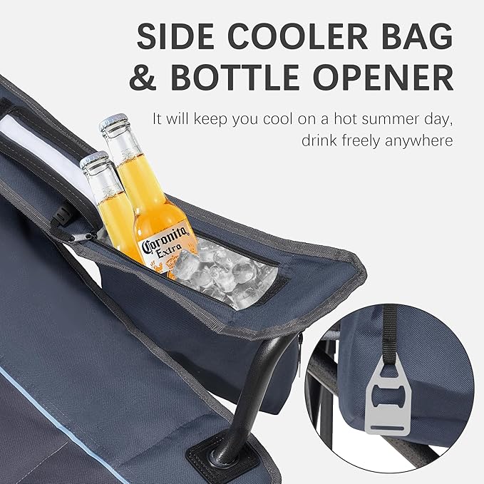 Oversized Folding Camping Chair for Adults - 450lbs Support - Heavy Duty Portable Lawn Chairs with Side Pocket Cup Holder Cooler Bag for Sports Garden Beach Fishing Blue