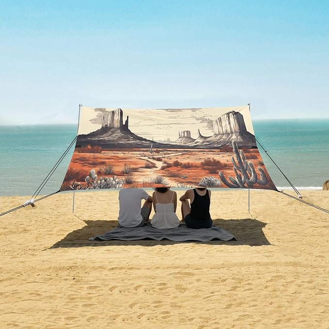 Cactus Desert Landscape Beach Tent Sun Shelter 9.2' x 10.5' Beach Canopy with 4 Sandbags 4 Stability Poles Sand Shovels - Tent Canopy for Beach Camping Fishing Picnics