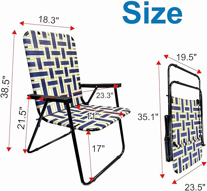 Lawn Chair Folding Steel Webbing Chaise Patio Lounger Seat Wood Handles Great for Camping Beach Fishing Backyard Stadium Pool Boating and Sports 1 Pack Blue/Yellow