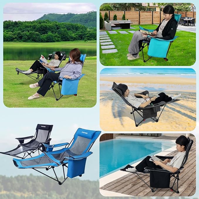 Reclining Camping Chair 4 Position with Foot Rest Comfortable for Adults 265Ibs Folding Lounger Mesh Beach Chair with Cooler BagCotton Cushion and Cup Holder for Outdoor Patio