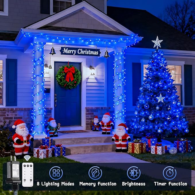JMEXSUSS Blue 400 LED Christmas Lights Outdoor 132ft Christmas Tree Lights with Remote Indoor Blue String Lights Plug in for House Christmas Bush Decorations