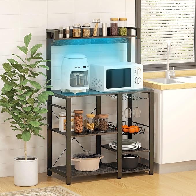 Rack with Power Outlet and LED Lights Bakers Racks for Kitchens with Storage Industrial Microwave Stand with Glass Holders Metal Basket Multiple Shelves Gray