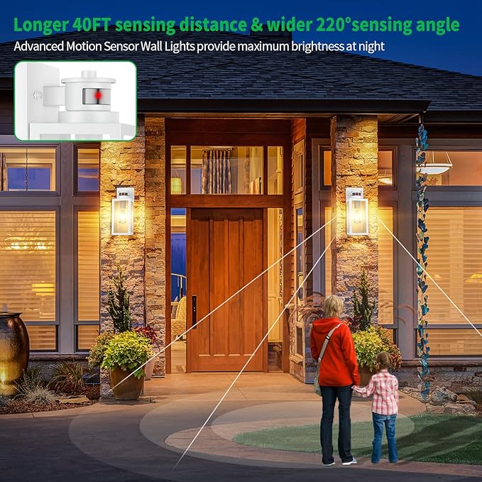 2-Pack Motion Sensor Outdoor Wall Lantern Dusk to Dawn Exterior Light Fixtures Wall Mount White Outside Light for House Waterproof Outside Lantern Sconces Anti-Rust Porch Lighting with Clear Glass