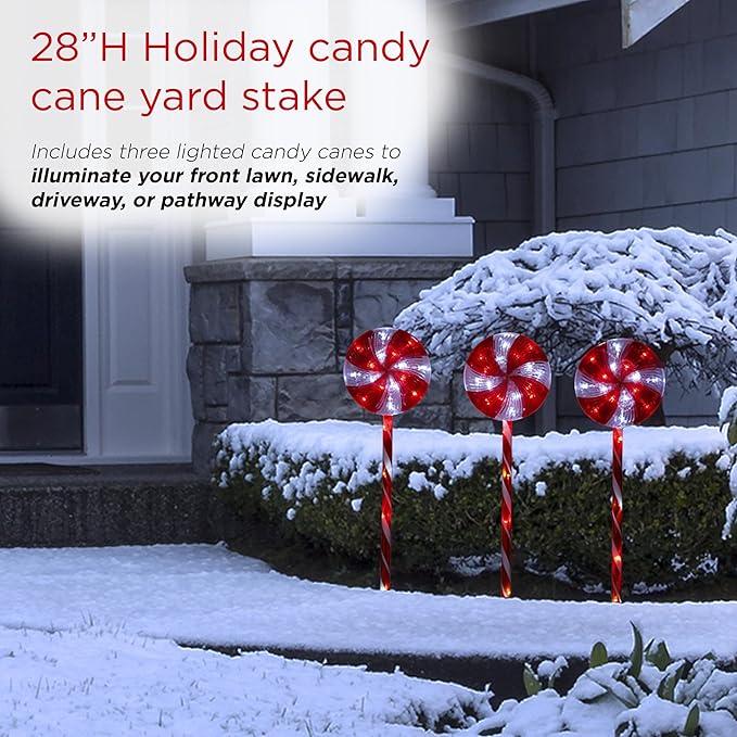 Alpine Corporation 28 Tall Outdoor Christmas Candy Cane Pathway Stake Lights with Multi-FunctionLED Set of 3 Festive Lawn and Garden Holiday Decor Red and White
