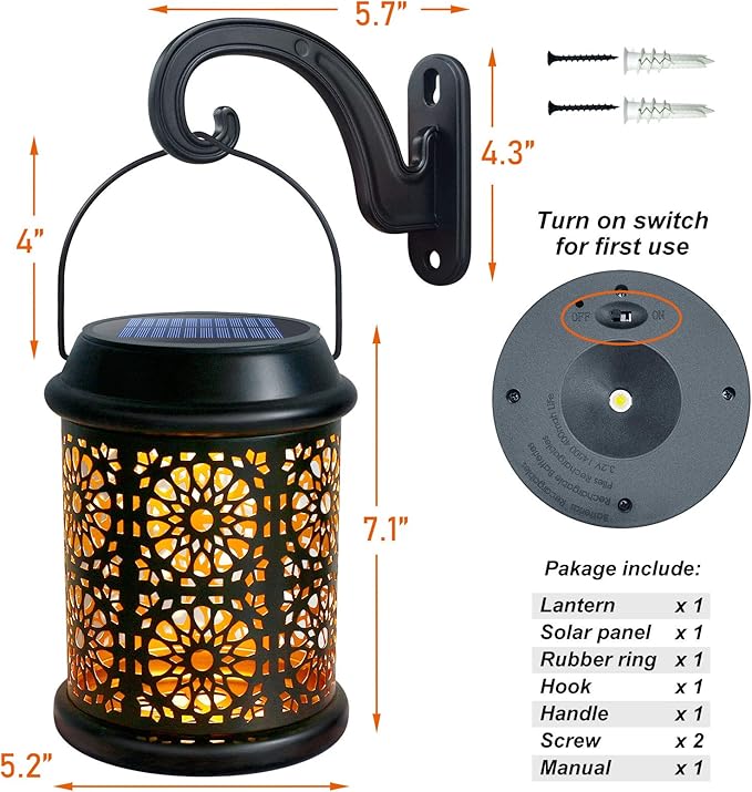 DenicMic Solar Lantern Outdoor Solar Lights Outdoor Hanging Lantern with Handle &amp Hook Waterproof 25 Lumen Warm White LED Metal Decorative for Garden Patio PorchYard Walkway1Pack (Black)