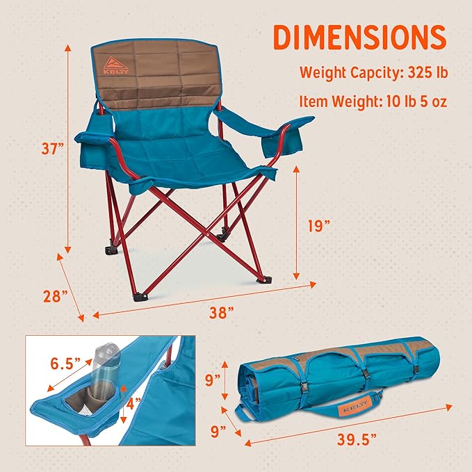 Kelty Deluxe Lounge Chair – Folding Outdoor Camp Chair Insulated Cupholders Customized Recline Steel Frame Padded Roll Storage 2024 (Deep Lake)