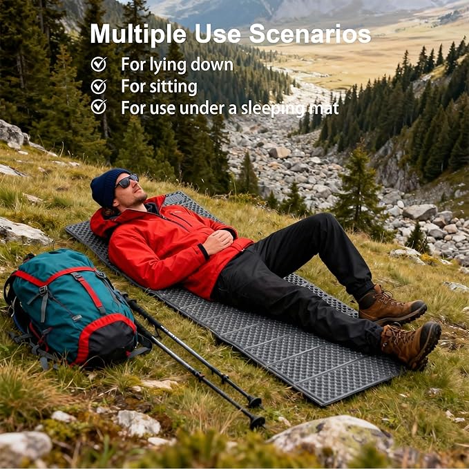 YIKI Upgraded Thickness Closed Cell Foam Sleeping Pad 75.6x22x0.9 Ultralight Foldable Foam Camping Mat with Heat Reflective Layer Waterproof Backpacking Pad for Hiking Tent Outdoor Use