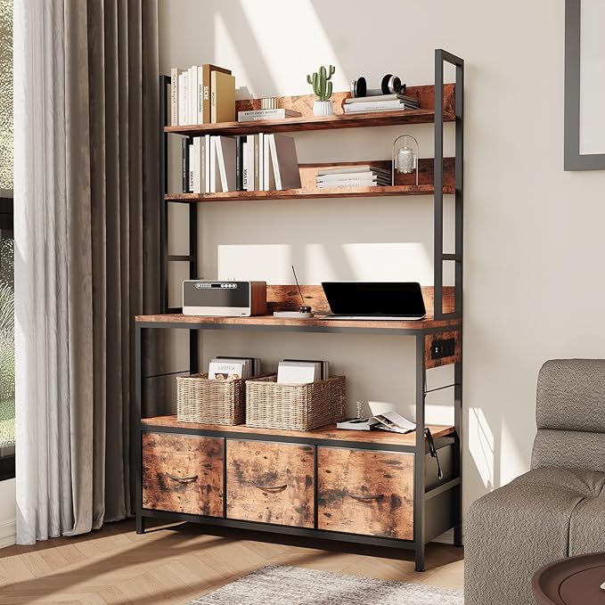IDEALHOUSE 5 Tier Kitchen Bakers Rack with Charging Station &amp Drawers Industrial Microwave Oven Stand Freestanding Farmhouse Coffee Bar Station Utility Shelves with Hooks Vintage Brown
