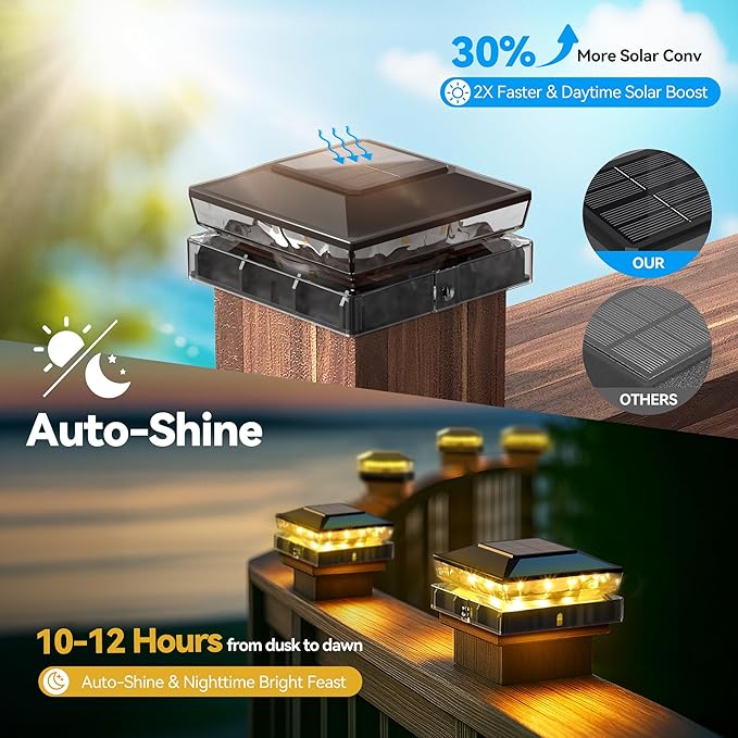 Solar Post Cap Lights 6 Pack Upgraded Outdoor Deck Fence Post Solar Lights for 4x4 5x5 Wood/Vinyl Posts IP65 Waterproof 10-12 Hours Warm White Glow for Garden/Patio/Porch - Black