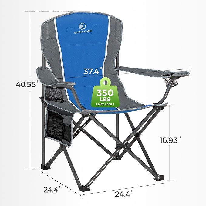 ALPHA CAMP Oversized Camping Folding Chair - Heavy Duty Steel Frame Support 350 LBS Collapsible Padded Arm With Cup Holder Quad Lumbar Back Portable for Outdoor/Indoor