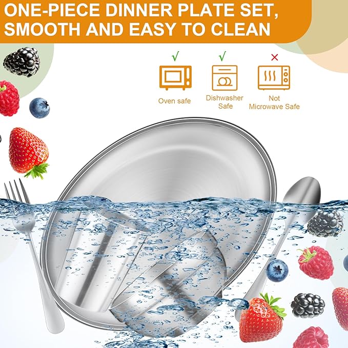 Jinei 50 Pcs Stainless Steel Dishes Set 10 Stainless Steel Plates 10 Bowls 10 Cups 10 Spoons 10 Forks Dishwasher Safe Durable Dinnerware Set for Home Travel Camping (Casual)