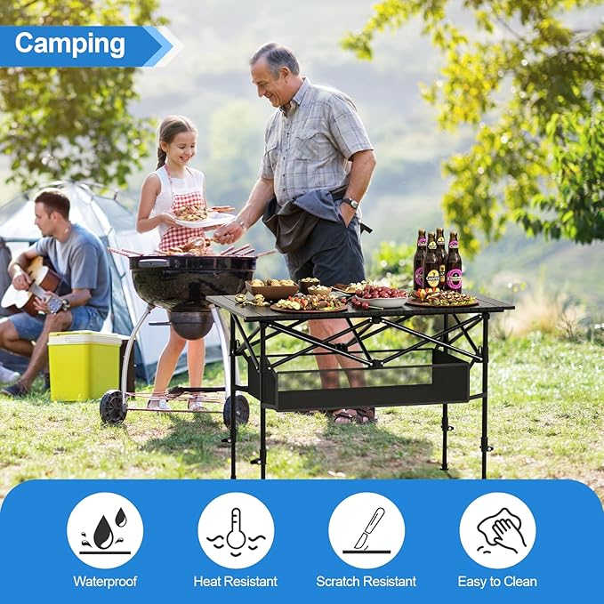Camping Table Folding Portable Lightweight Roll Up Camp Table Adjustable Height with Carry Bag Indoor Outdoor for Camping Picnic Backyard BBQ Patio Black