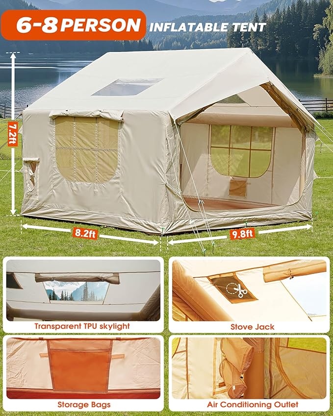 Inflatable Tent for Camping with Pump 4-6 Person Extra-Space Blow up Tent 420D Waterproof Oxford Glamping Air for Family 4 Season Inflatable House