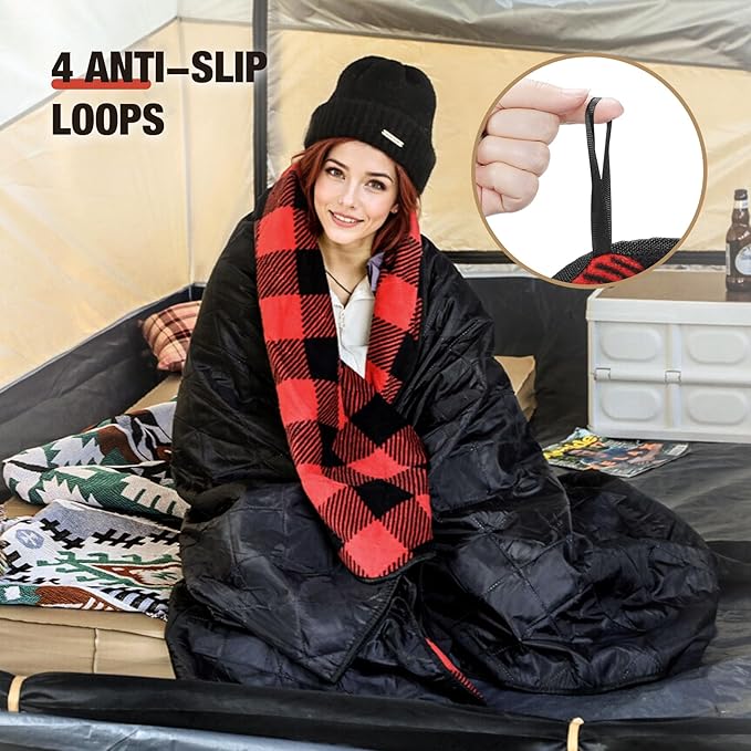REDCAMP Extra Large Waterproof Stadium Blanket for Cold Weather Soft Warm Fleece Camping Blanket Windproof for Camping Hiking Traveling Picnic Sports 79x 79 Red and Black Grid