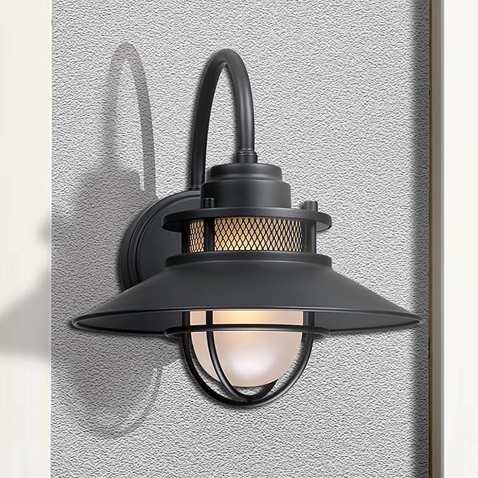 Outdoor Gooseneck Barn Light Fixture with Cage - Exterior Wall Sconce Farmhouse Gooseneck Light Outdoor Porch Sconce for Garage Coastal Lantern for Outside