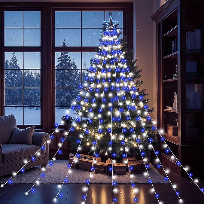 Christmas Decorations Outdoor11.5 ft 317 LED Star Christmas Tree Lights8 Memory Lighting Modes&ampTimer Star Light for YardWeddingParty Decorations(Blue+White)