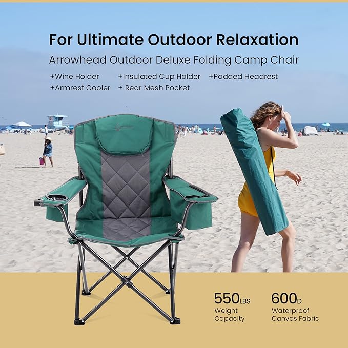 ARROWHEAD OUTDOOR Portable Deluxe Folding Camp Quad Chair w/Headrest Glass &amp Cup Holders Armest 6-can Cooler Heavy Duty Carry Bag 550 lbs Weight Capacity
