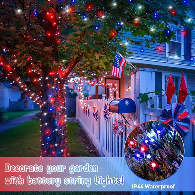 JMEXSUSS Red White and Blue Lights Outdoor Indoor 2 Pack 100 LED 4th of July String Lights Battery Operated Waterproof for Patriotic Decoration Outside House Garden Tree