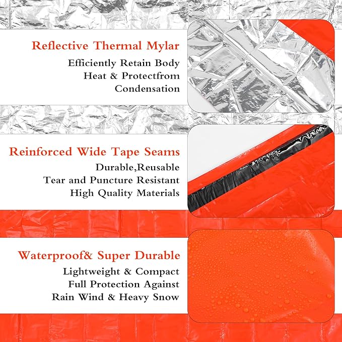6 Pack Emergency Survival Sleeping Bags Orange Thermal Bivy Sack Blanket Lightweight Portable Waterproof Aluminized Space Blanket with Whistle for Camping Hiking Outdoor Adventure