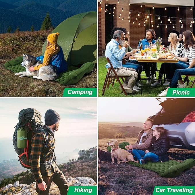 WANNTS Sleeping Pad Ultralight Inflatable Sleeping Pad for Camping Built-in Pump Ultimate for Camping Hiking - Airpad Carry Bag Repair Kit - Compact &amp Lightweight Camping Pad(Green)