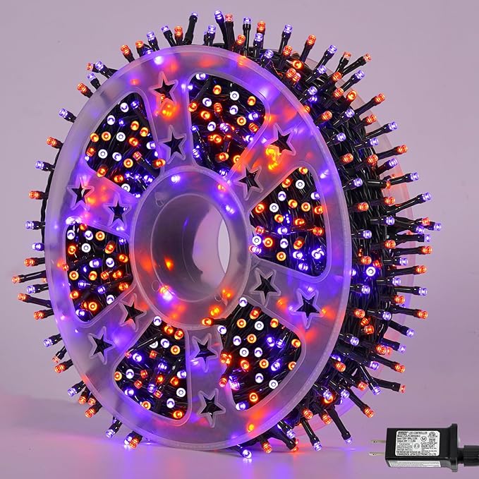 QITONG 165ft 500 LED Orange and Purple Halloween Lights Outdoor Waterproof String Lights for Outside with 8 Modes Green Wire Twinkle Lights Plug in Indoor