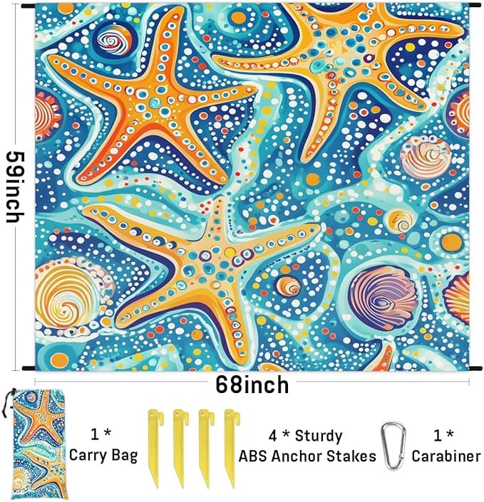 Waterproof Sandproof Beach Blanket 59''×68'' Bread Starfish Polyester Outdoor Picnic Blanket with 4 Stakes &amp Storage Bag for BeachCampingVacation Blue