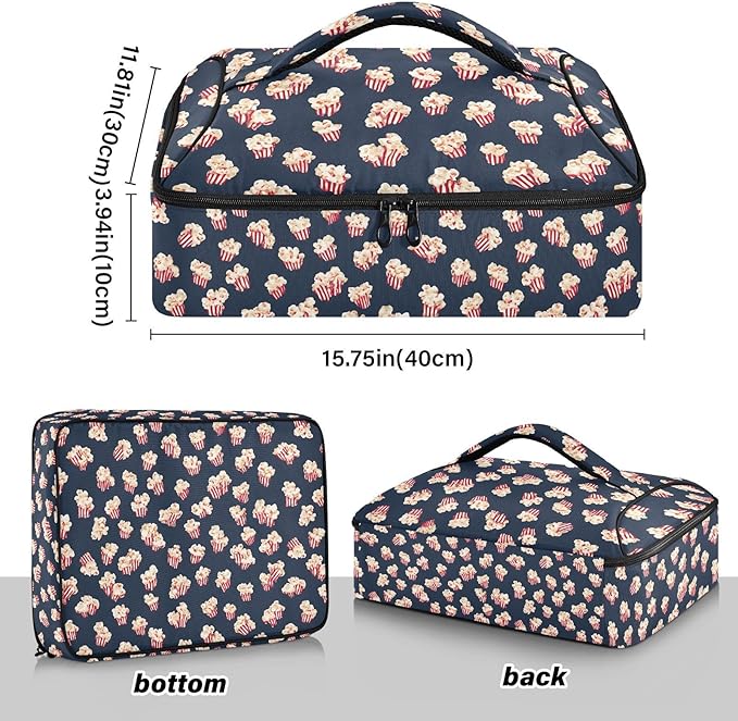 Casserole Carrier Pattern with Blue PopcornInsulated Casserole Carrier for Hot or Cold Food Thermal Lunch Tote for Potluck Parties Picnic Beach Fits 9 x 13 Inches Baking Dish