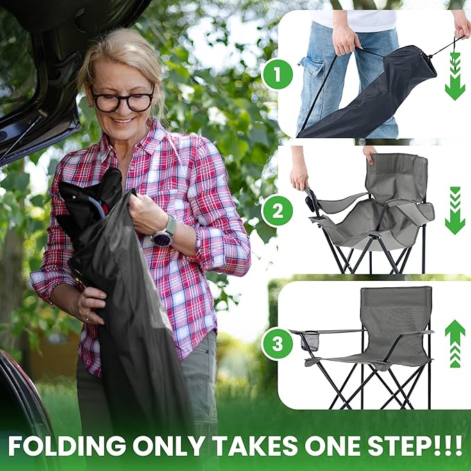 2 Pack Portable Camping Chairs Folding Lawn Chair Outdoor Lightweight Beach Chair with Cup Holder &amp Carry Bag for Outside Sports Fishing Hiking Travel Picnic Backyard (Grey Medium)